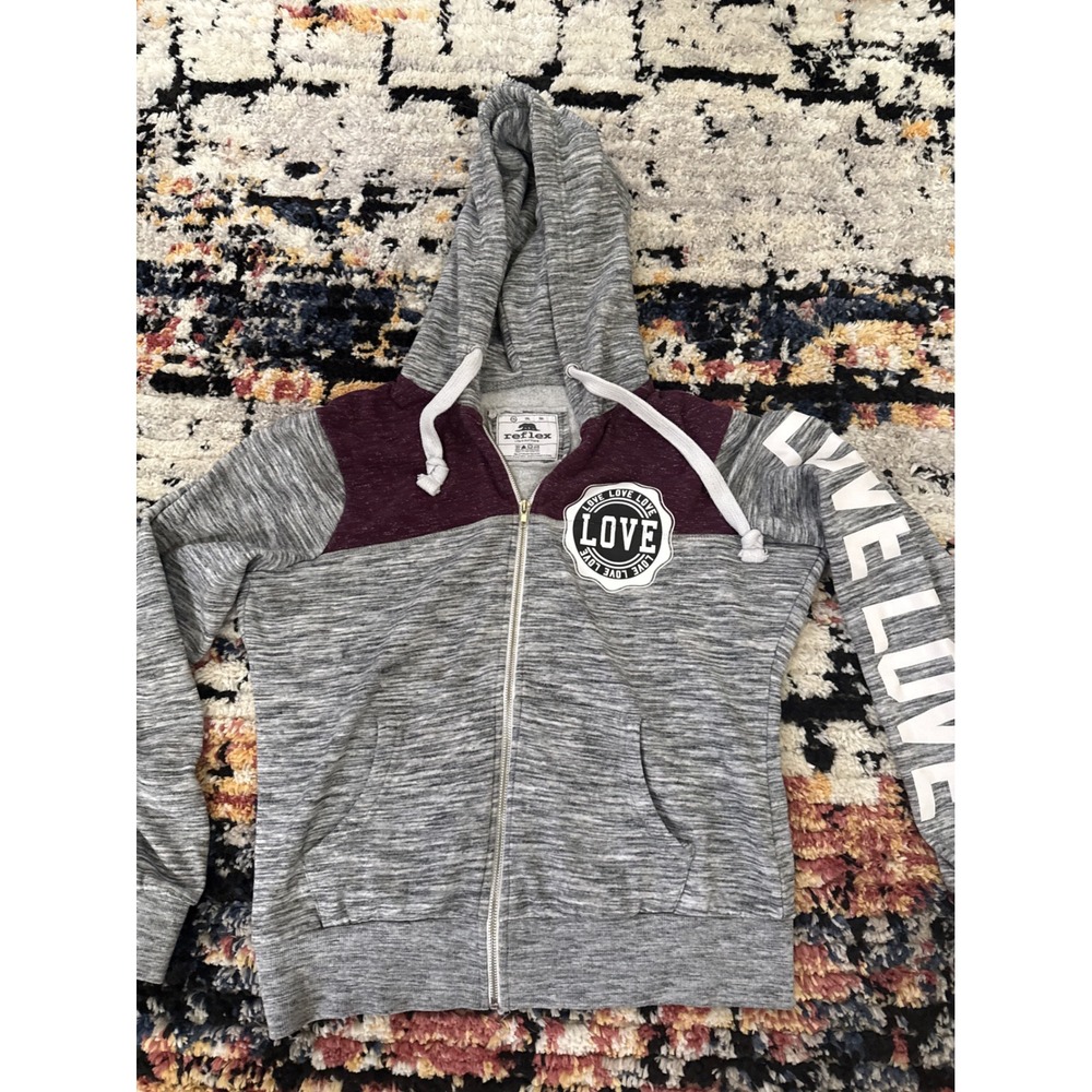 Reflex Womens 1XL Zip Up Hoodie Grey Burgundy Love Graphic Space Dye Sweatshirt
